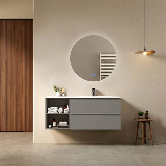 Mobile bagno sospeso 120 cm Grigio Londra Lavabo a Destra in Ceramica Specchio Tondo Retroilluminato - Fiji Paint Plus