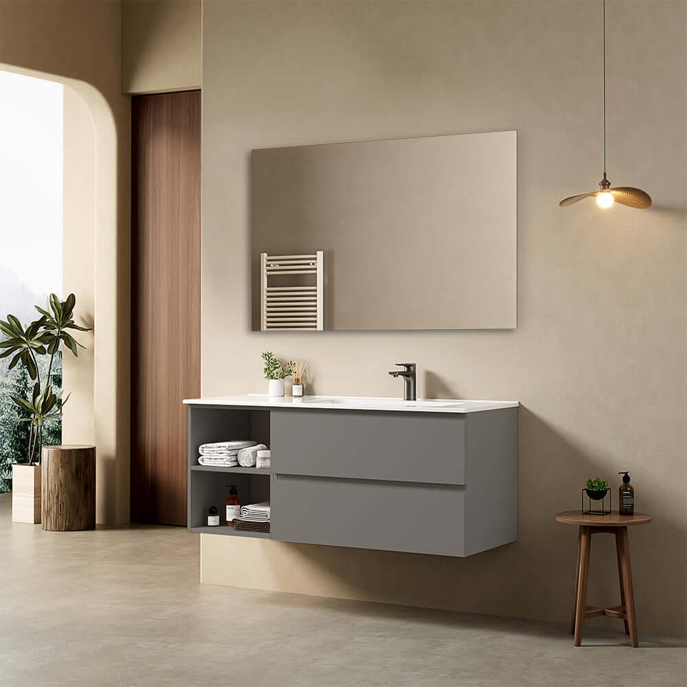 Mobile bagno sospeso 120 cm Grigio Londra Lavabo a Destra in Ceramica Specchio Quadro - Fiji Paint Plus