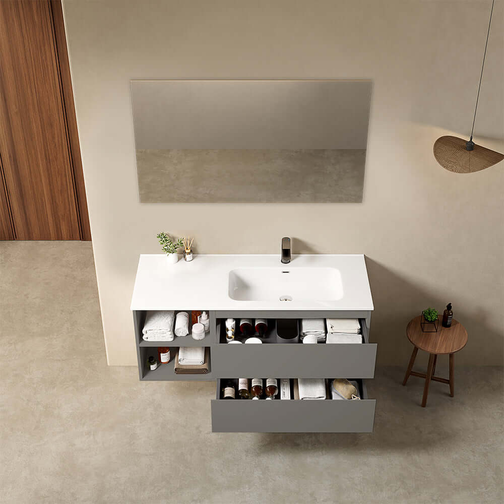 Mobile bagno sospeso 120 cm Grigio Londra Lavabo a Destra in Ceramica Specchio Quadro - Fiji Paint Plus