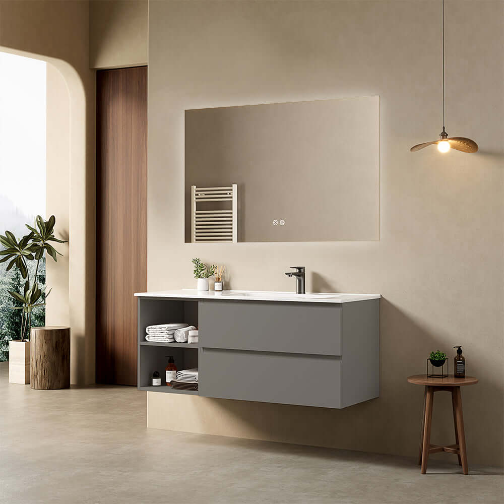 Mobile bagno sospeso 120 cm Grigio Londra Lavabo a Destra in Ceramica Specchio Quadro Retroilluminato - Fiji Paint Plus
