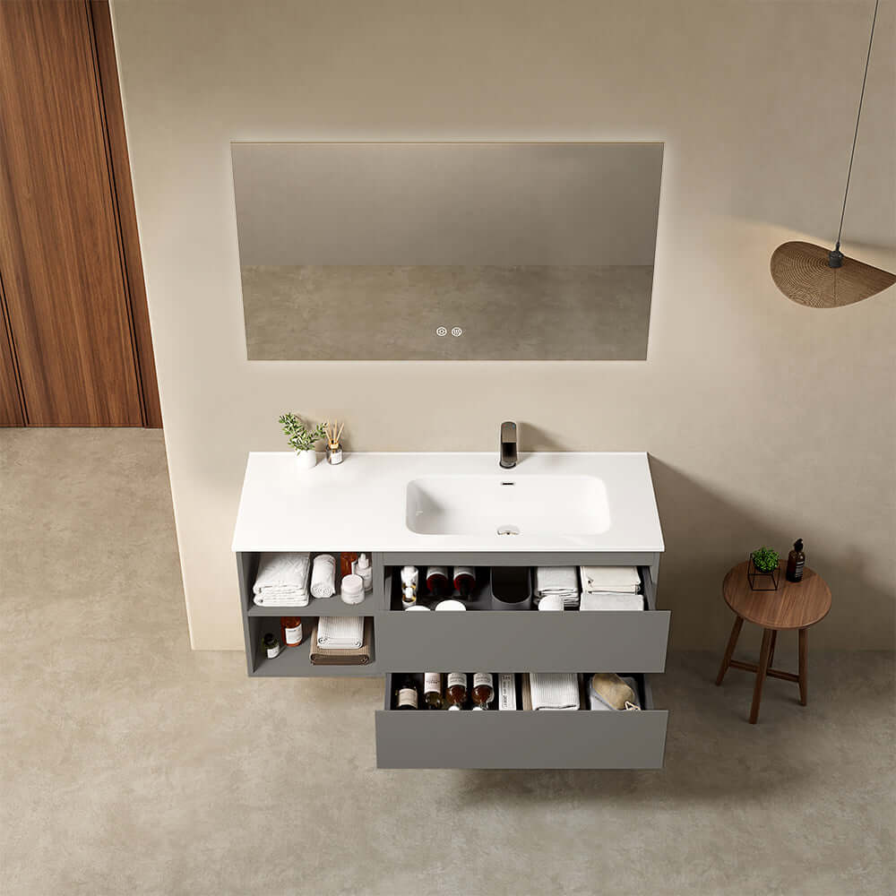 Mobile bagno sospeso 120 cm Grigio Londra Lavabo a Destra in Ceramica Specchio Quadro Retroilluminato - Fiji Paint Plus