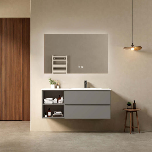 Mobile bagno sospeso 120 cm Grigio Londra Lavabo a Destra in Ceramica Specchio Quadro Retroilluminato - Fiji Paint Plus