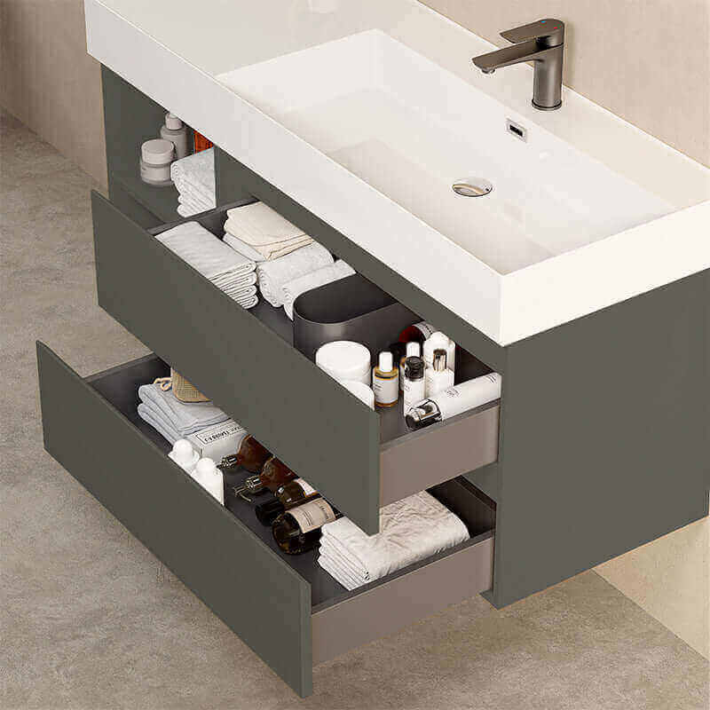 Mobile bagno sospeso 120 cm Grigio Londra Lavabo a Destra in Resina Specchio Quadro Retroilluminato - Fiji Paint Plus