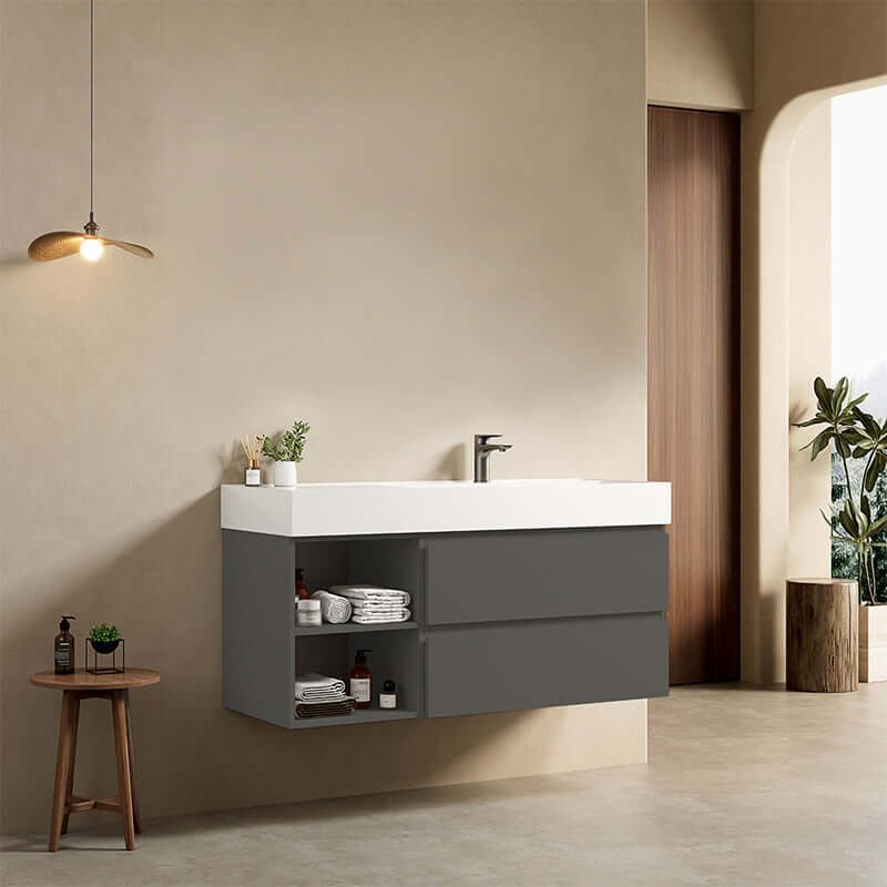 Mobile bagno sospeso 120 cm Grigio Londra Lavabo a Destra in Resina Senza Specchio - Fiji Paint Plus