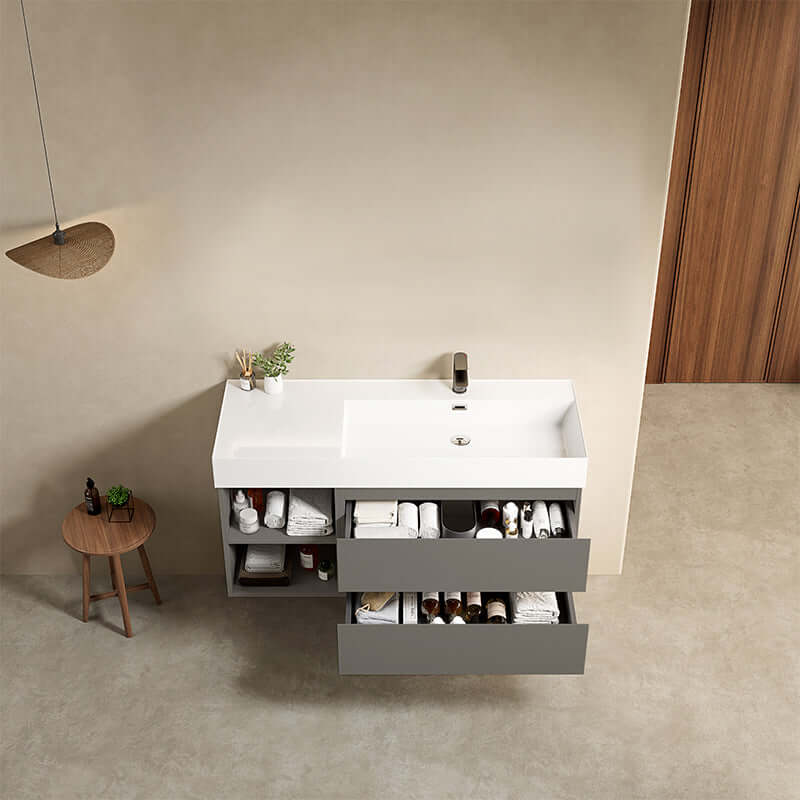 Mobile bagno sospeso 120 cm Grigio Londra Lavabo a Destra in Resina Senza Specchio - Fiji Paint Plus