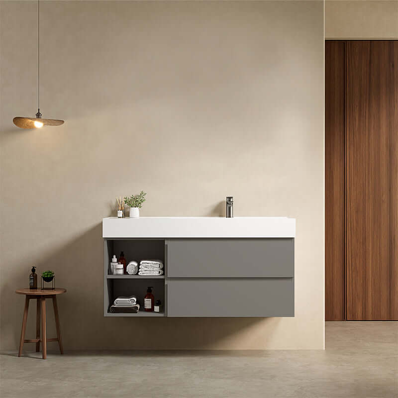 Mobile bagno sospeso 120 cm Grigio Londra Lavabo a Destra in Resina Senza Specchio - Fiji Paint Plus