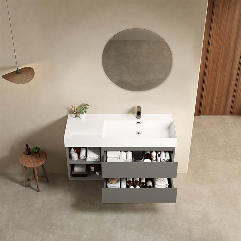 Mobile bagno sospeso 120 cm Grigio Londra Lavabo a Destra in Resina Specchio Tondo - Fiji Paint Plus