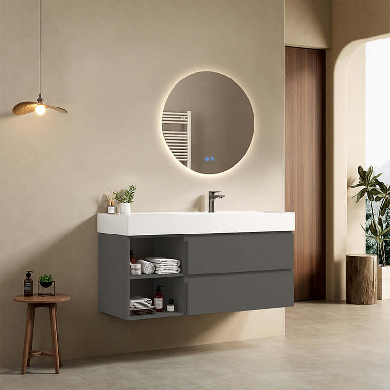 Mobile bagno sospeso 120 cm Grigio Londra Lavabo a Destra in Resina Specchio Tondo Retroilluminato - Fiji Paint Plus