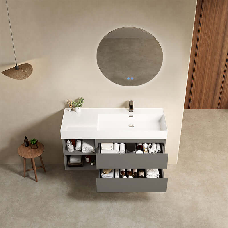 Mobile bagno sospeso 120 cm Grigio Londra Lavabo a Destra in Resina Specchio Tondo Retroilluminato - Fiji Paint Plus