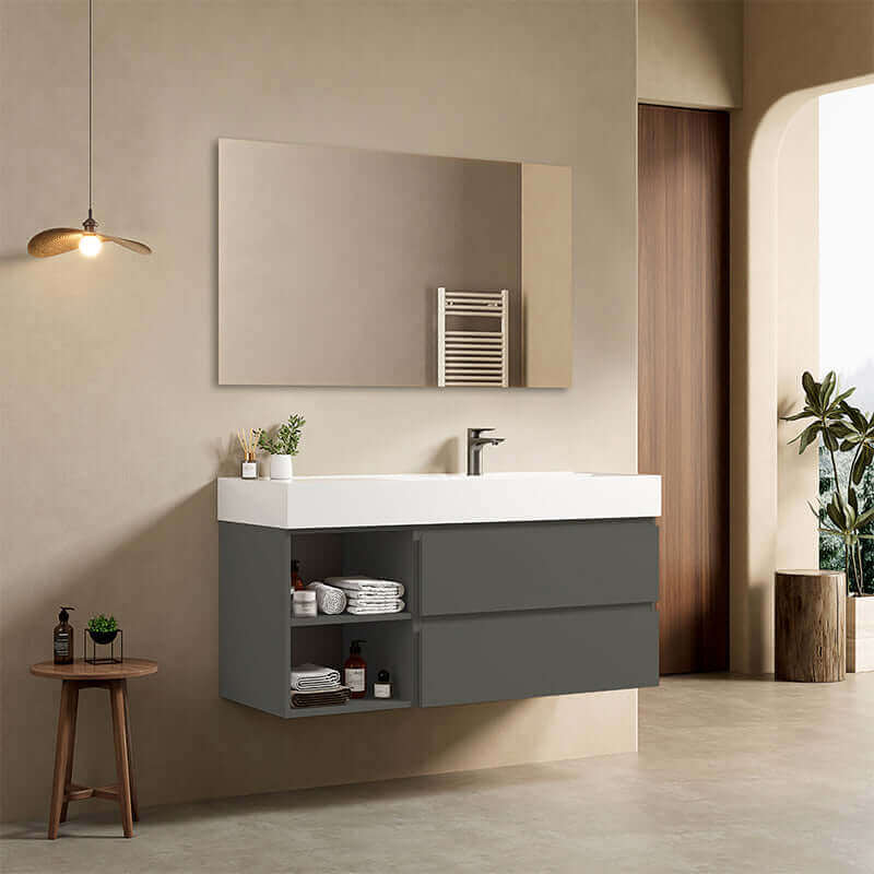 Mobile bagno sospeso 120 cm Grigio Londra Lavabo a Destra in Resina Specchio Quadro Retroilluminato - Fiji Paint Plus