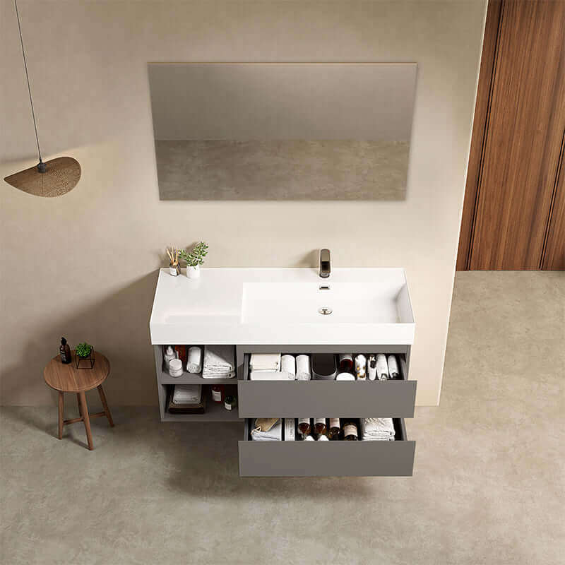 Mobile bagno sospeso 120 cm Grigio Londra Lavabo a Destra in Resina Specchio Quadro Retroilluminato - Fiji Paint Plus