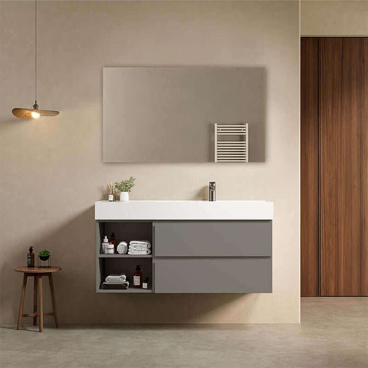 Mobile bagno sospeso 120 cm Grigio Londra Lavabo a Destra in Resina Specchio Quadro Retroilluminato - Fiji Paint Plus