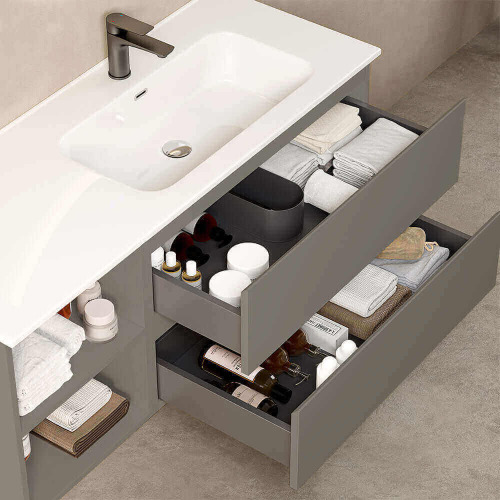 Mobile bagno sospeso 120 cm Grigio Londra Lavabo a Destra in Ceramica Specchio Quadro - Fiji Paint Plus
