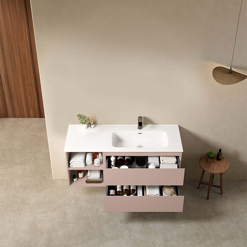 Mobile bagno sospeso 120 cm Rosa Retro Lavabo a Destra in Ceramica Senza Specchio - Fiji Paint Plus