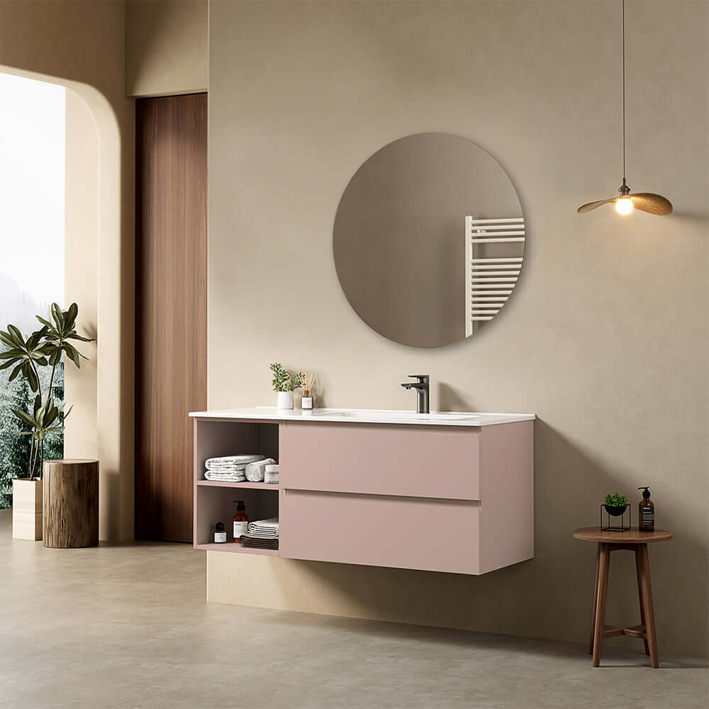 Mobile bagno sospeso 120 cm Rosa Retro Lavabo a Destra in Ceramica Specchio Tondo - Fiji Paint Plus