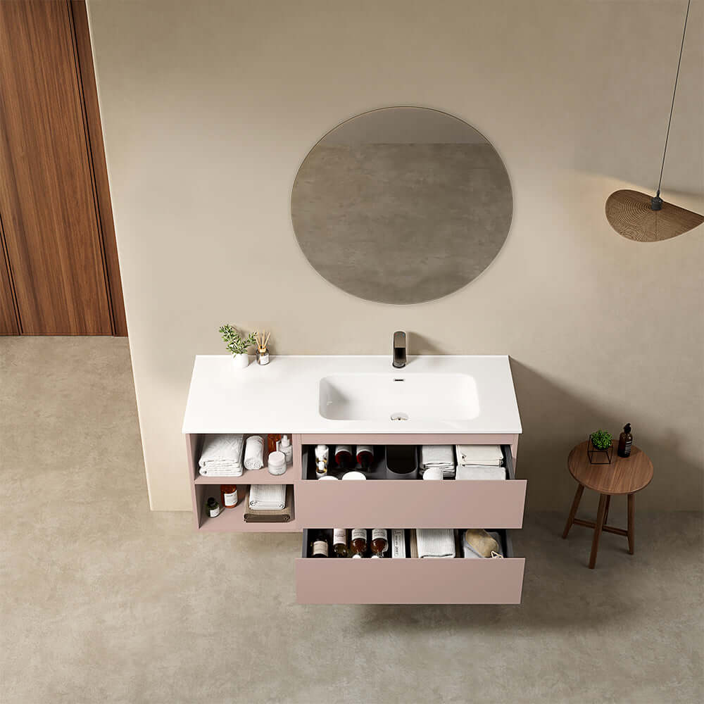 Mobile bagno sospeso 120 cm Rosa Retro Lavabo a Destra in Ceramica Specchio Tondo - Fiji Paint Plus