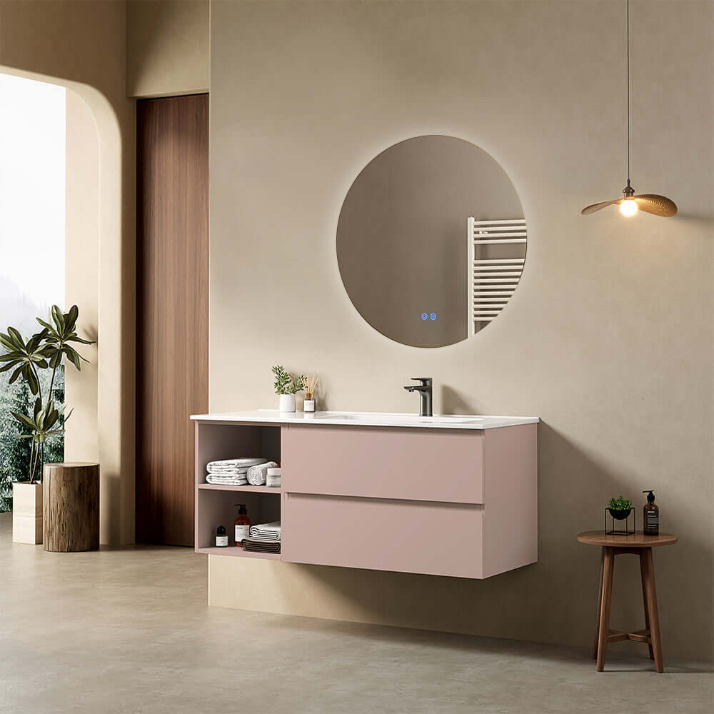 Mobile bagno sospeso 120 cm Rosa Retro Lavabo a Destra in Ceramica Specchio Tondo Retroilluminato - Fiji Paint Plus