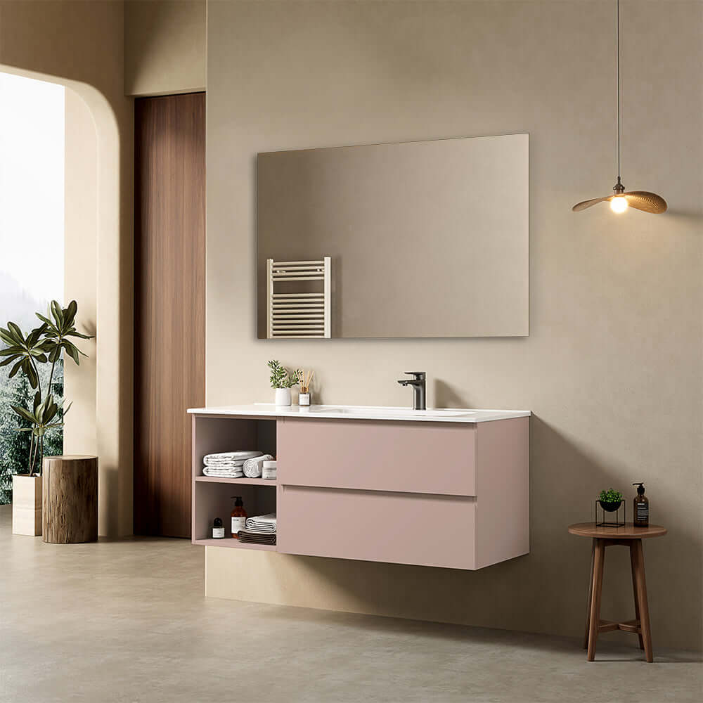Mobile bagno sospeso 120 cm Rosa Retro Lavabo a Destra in Ceramica Specchio Quadro - Fiji Paint Plus