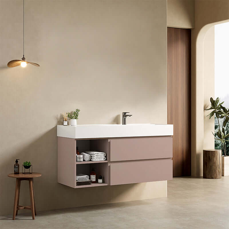 Mobile bagno sospeso 120 cm Rosa Retro Lavabo a Destra in Resina Senza Specchio - Fiji Paint Plus