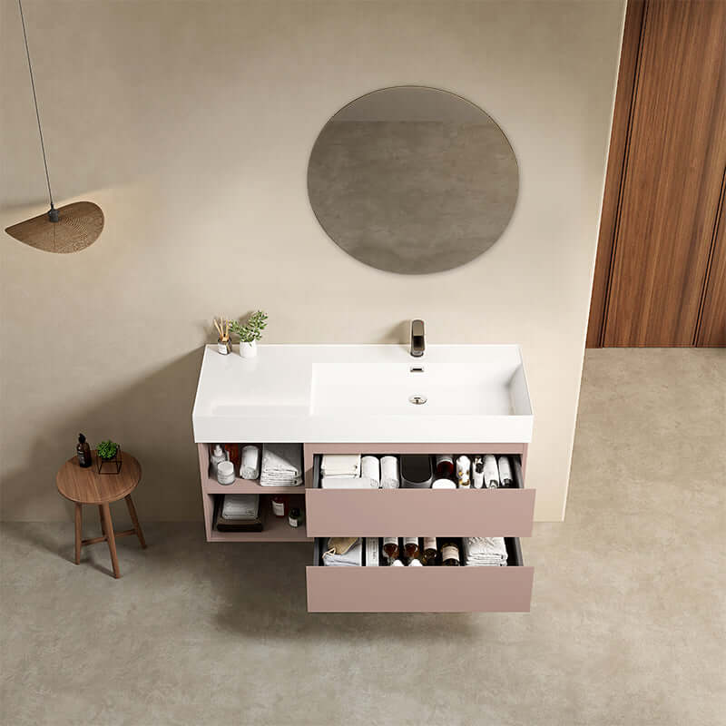 Mobile bagno sospeso 120 cm Rosa Retro Lavabo a Destra in Resina Specchio Tondo - Fiji Paint Plus