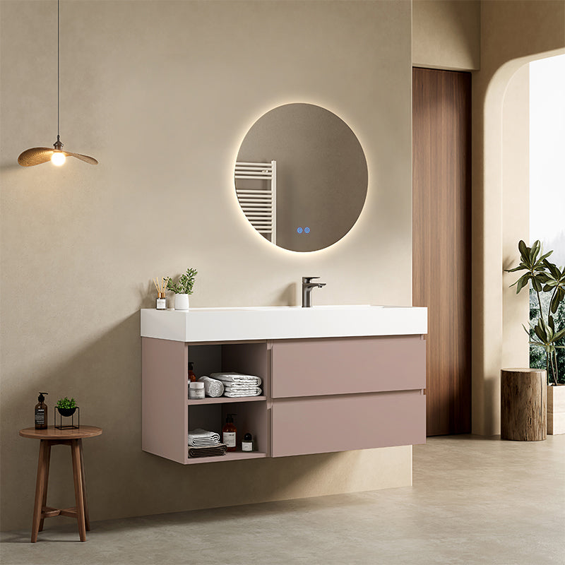 Mobile bagno sospeso 120 cm Rosa Retro Lavabo a Destra in Resina Specchio Tondo Retroilluminato - Fiji Paint Plus