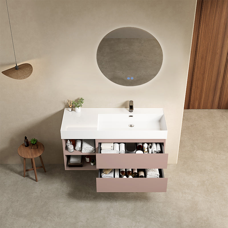 Mobile bagno sospeso 120 cm Rosa Retro Lavabo a Destra in Resina Specchio Tondo Retroilluminato - Fiji Paint Plus