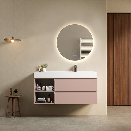 Mobile bagno sospeso 120 cm Rosa Retro Lavabo a Destra in Resina Specchio Tondo Retroilluminato - Fiji Paint Plus