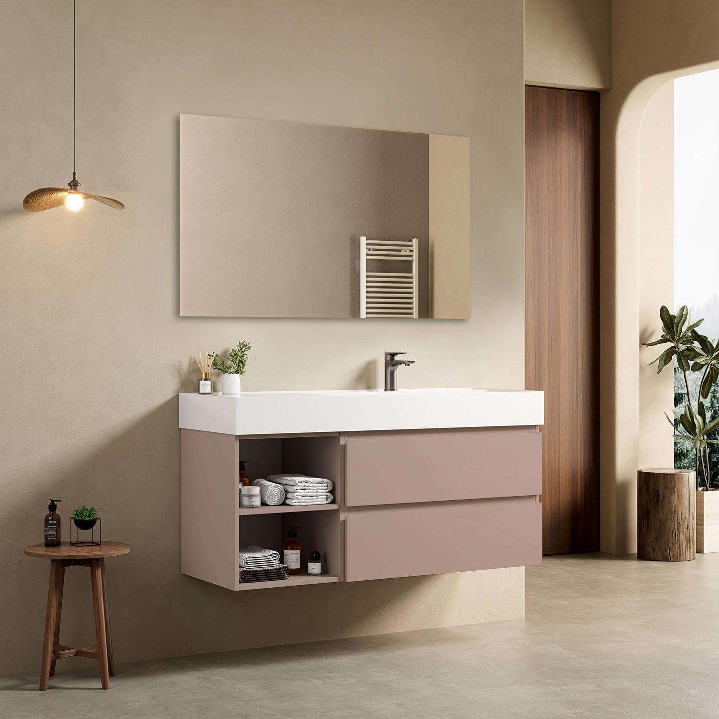Mobile bagno sospeso 120 cm Rosa Retro Lavabo a Destra in Resina Specchio Quadro - Fiji Paint Plus