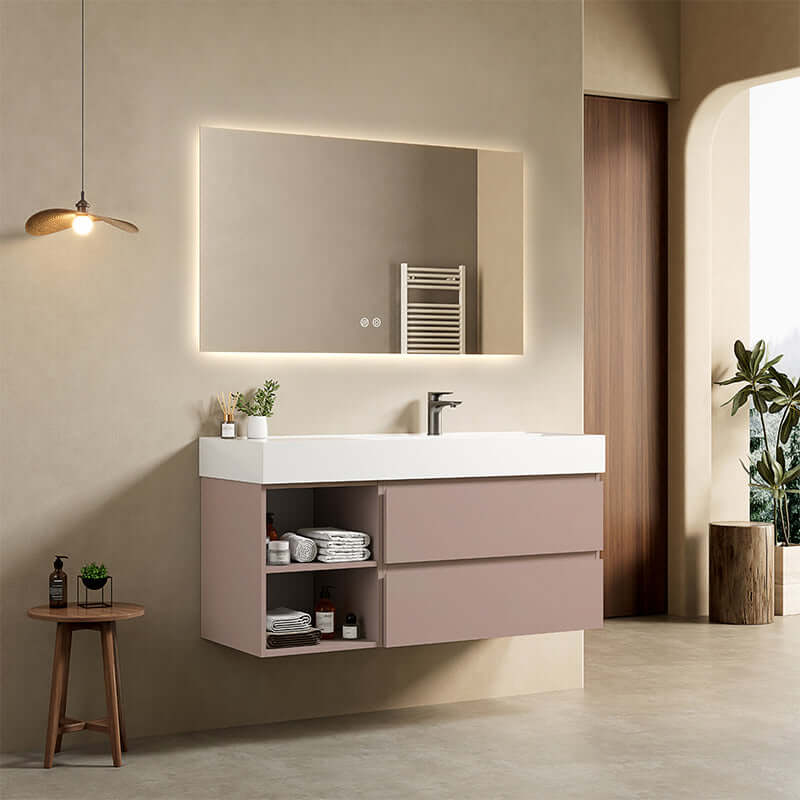 Mobile bagno sospeso 120 cm Rosa Retro Lavabo a Destra in Resina Specchio Quadro Retroilluminato - Fiji Paint Plus