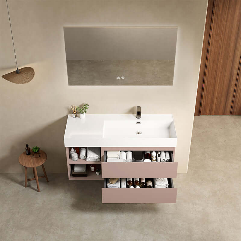 Mobile bagno sospeso 120 cm Rosa Retro Lavabo a Destra in Resina Specchio Quadro Retroilluminato - Fiji Paint Plus