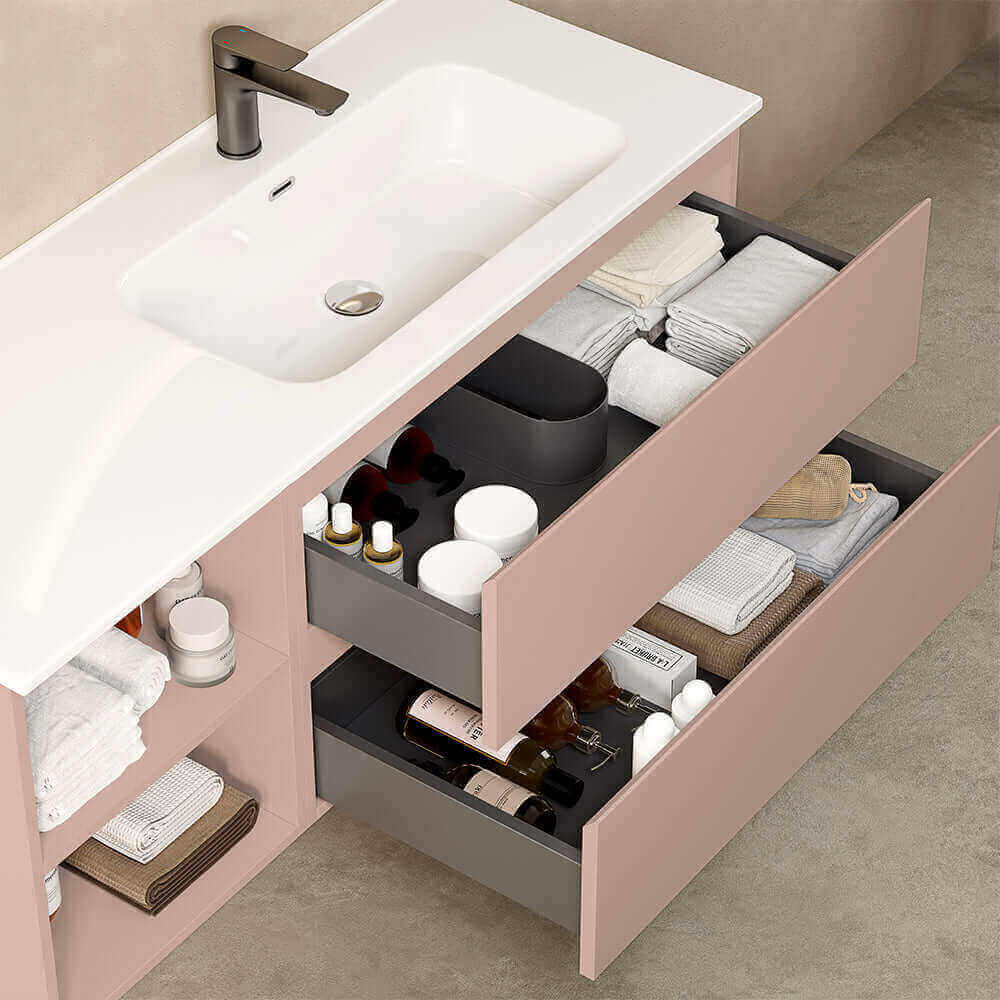 Mobile bagno sospeso 120 cm Rosa Retro Lavabo a Destra in Ceramica Specchio Quadro Retroilluminato - Fiji Paint Plus