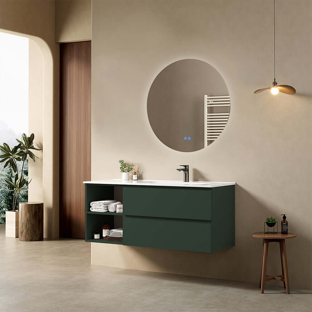 Mobile bagno sospeso 120 cm Verde Comodoro Lavabo a Destra in Ceramica Specchio Tondo Retroilluminato - Fiji Paint Plus