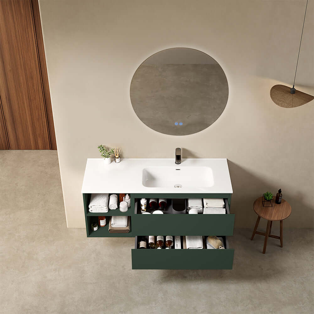 Mobile bagno sospeso 120 cm Verde Comodoro Lavabo a Destra in Ceramica Specchio Tondo Retroilluminato - Fiji Paint Plus
