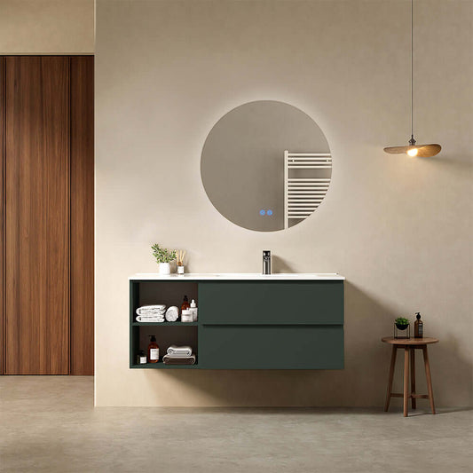 Mobile bagno sospeso 120 cm Verde Comodoro Lavabo a Destra in Ceramica Specchio Tondo Retroilluminato - Fiji Paint Plus