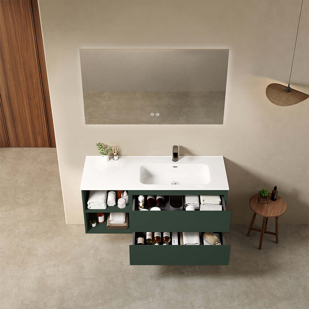 Mobile bagno sospeso 120 cm Verde Comodoro Lavabo a Destra in Ceramica Specchio Quadro Retroilluminato - Fiji Paint Plus