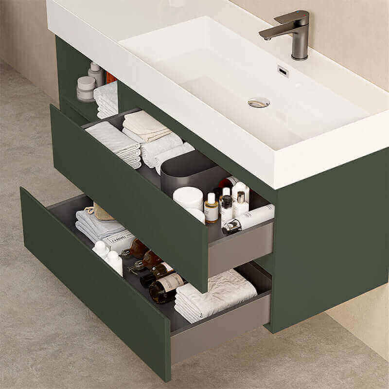 Mobile bagno sospeso 120 cm Verde Comodoro Lavabo a Destra in Resina Senza Specchio - Fiji Paint Plus