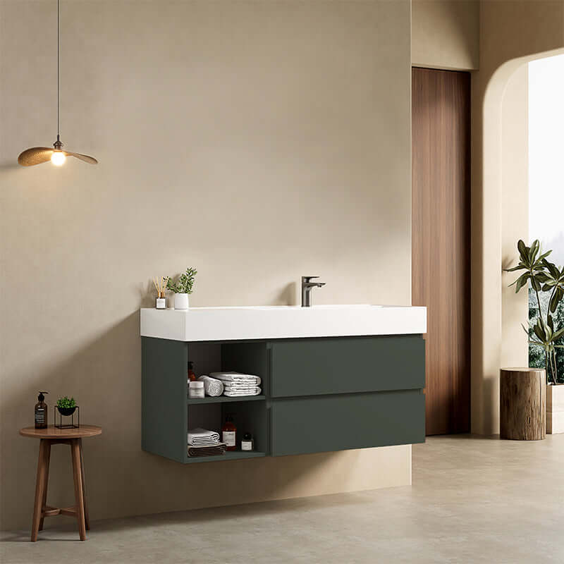 Mobile bagno sospeso 120 cm Verde Comodoro Lavabo a Destra in Resina Senza Specchio - Fiji Paint Plus