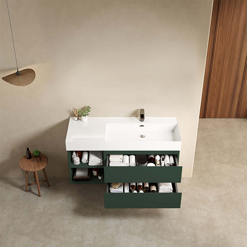 Mobile bagno sospeso 120 cm Verde Comodoro Lavabo a Destra in Resina Senza Specchio - Fiji Paint Plus