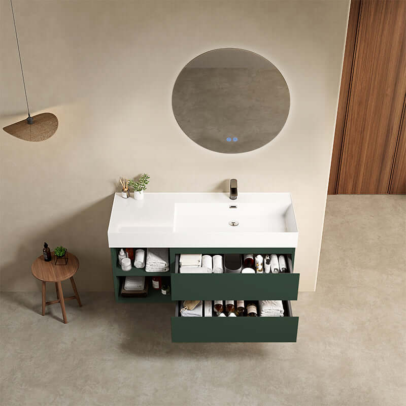 Mobile bagno sospeso 120 cm Verde Comodoro Lavabo a Destra in Resina Specchio Tondo Retroilluminato - Fiji Paint Plus