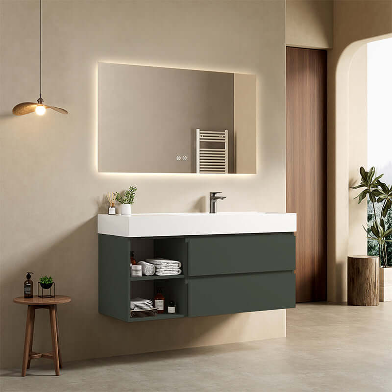 Mobile bagno sospeso 120 cm Verde Comodoro Lavabo a Destra in Resina Specchio Quadro Retroilluminato - Fiji Paint Plus