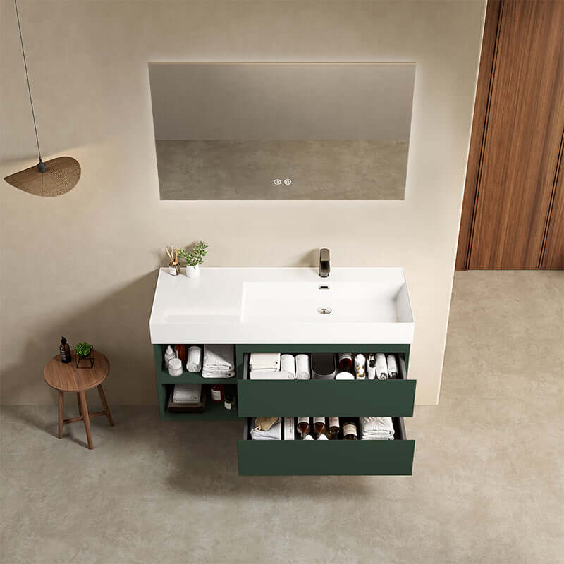 Mobile bagno sospeso 120 cm Verde Comodoro Lavabo a Destra in Resina Specchio Quadro Retroilluminato - Fiji Paint Plus