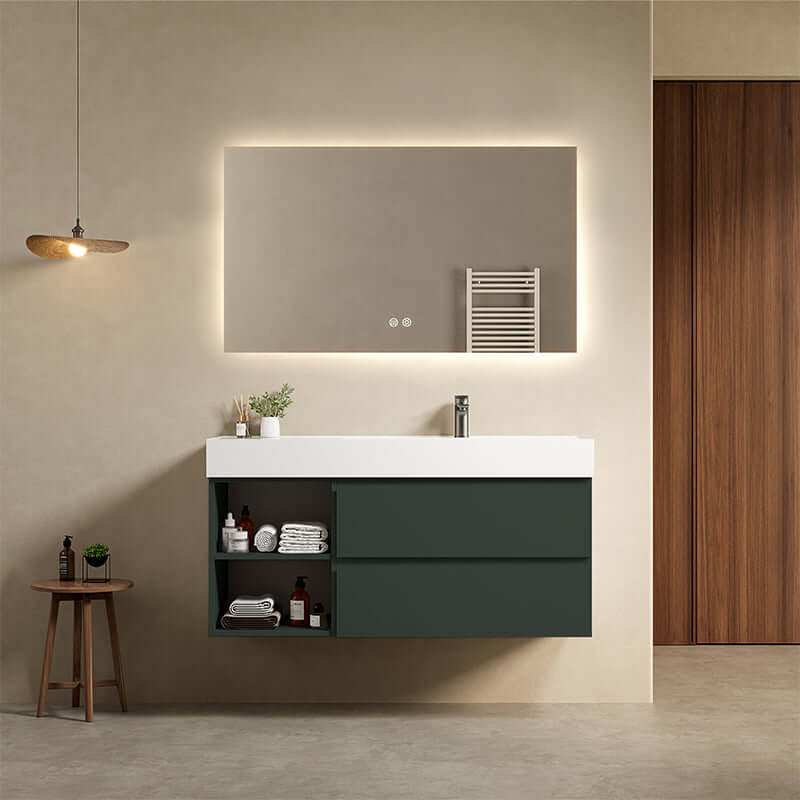 Mobile bagno sospeso 120 cm Verde Comodoro Lavabo a Destra in Resina Specchio Quadro Retroilluminato - Fiji Paint Plus