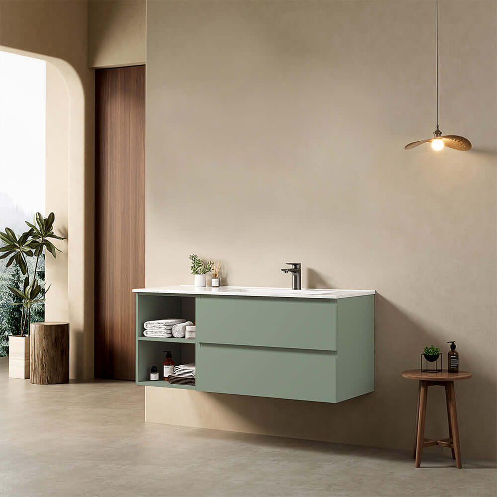 Mobile bagno sospeso 120 cm Verde Salvia Lavabo a Destra in Ceramica Senza Specchio - Fiji Paint Plus