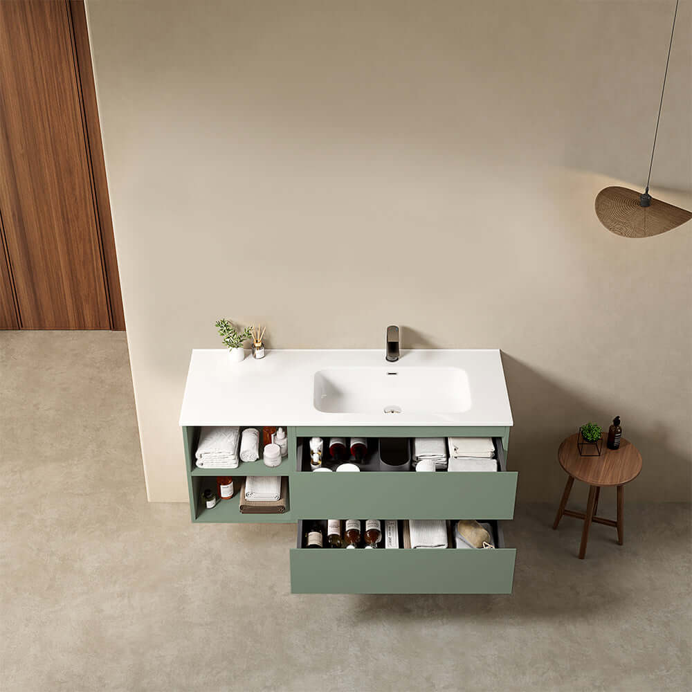 Mobile bagno sospeso 120 cm Verde Salvia Lavabo a Destra in Ceramica Senza Specchio - Fiji Paint Plus