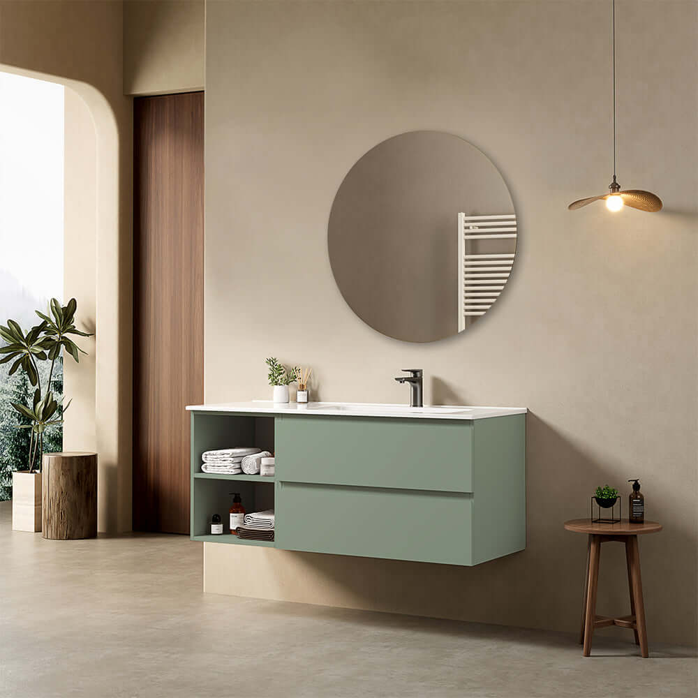 Mobile bagno sospeso 120 cm Verde Salvia Lavabo a Destra in Ceramica Specchio Tondo - Fiji Paint Plus