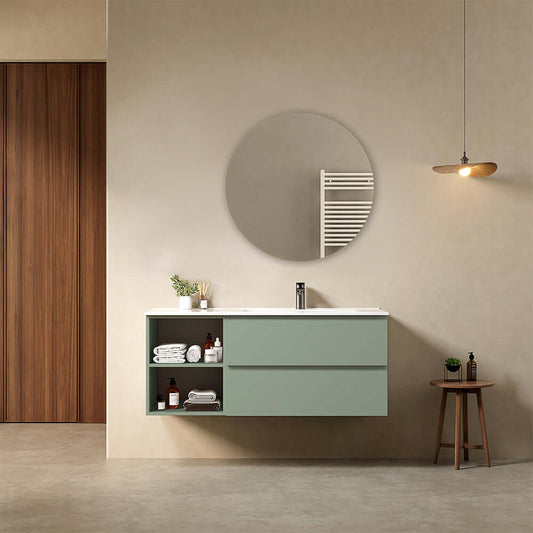 Mobile bagno sospeso 120 cm Verde Salvia Lavabo a Destra in Ceramica Specchio Tondo - Fiji Paint Plus