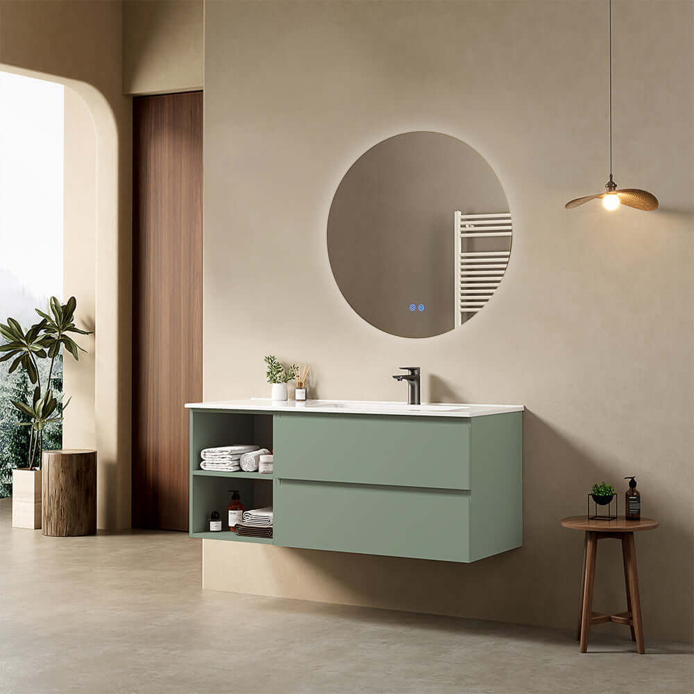 Mobile bagno sospeso 120 cm Verde Salvia Lavabo a Destra in Ceramica Specchio Tondo Retroilluminato - Fiji Paint Plus