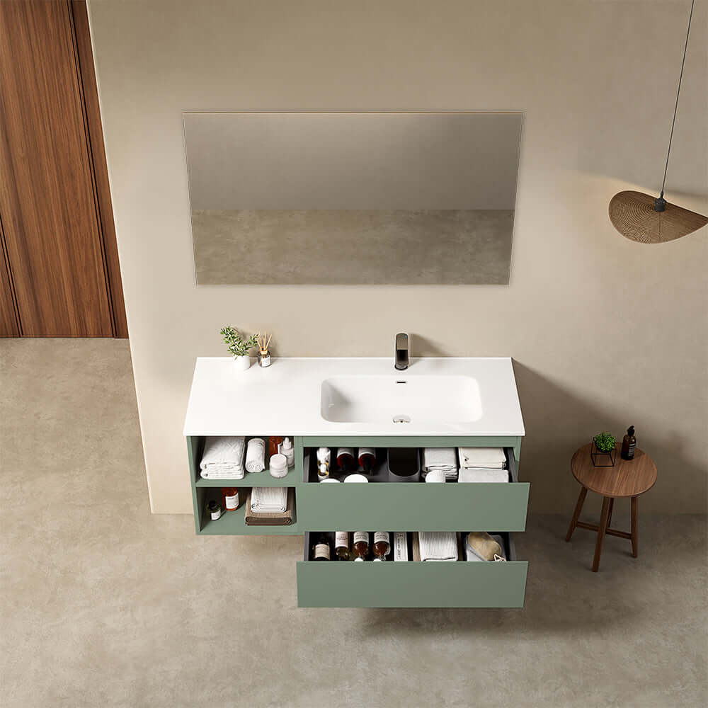 Mobile bagno sospeso 120 cm Verde Salvia Lavabo a Destra in Ceramica Specchio Quadro - Fiji Paint Plus