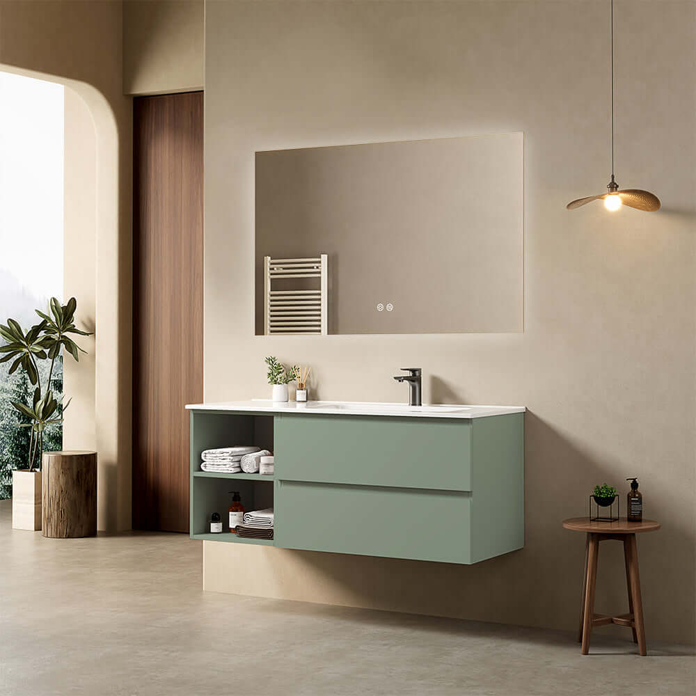 Mobile bagno sospeso 120 cm Verde Salvia Lavabo a Destra in Ceramica Specchio Quadro Retroilluminato - Fiji Paint Plus