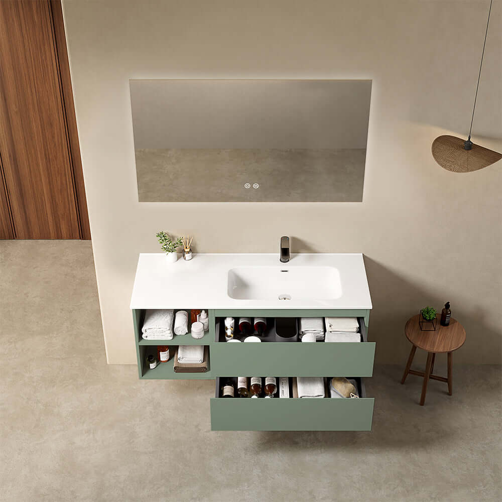 Mobile bagno sospeso 120 cm Verde Salvia Lavabo a Destra in Ceramica Specchio Quadro Retroilluminato - Fiji Paint Plus